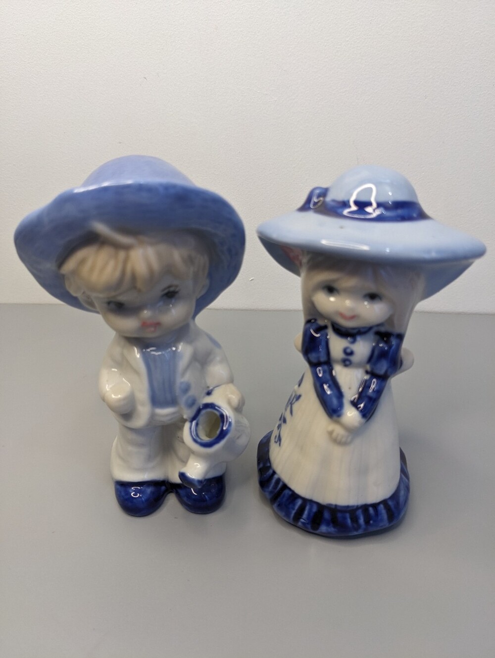 1960s Japan Blue And White Dutch Boy And Girl Ceramic Figurine Pair Vintage